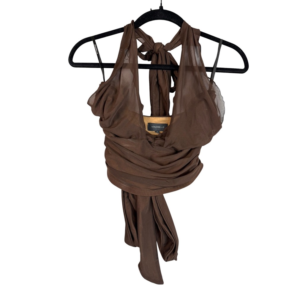 Majorelle Brown Mesh Ruched Halter Top‎ Tie Back Cropped Blouse Small